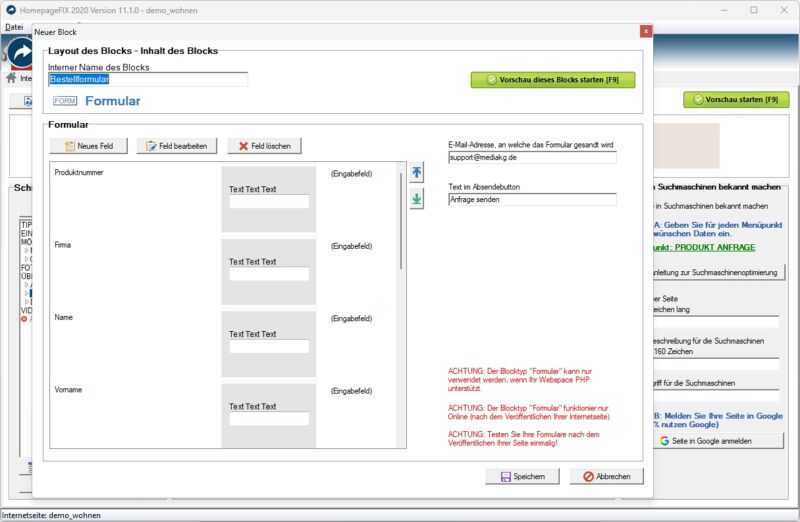 Homepage Software mit Anpassung an Bildschirm